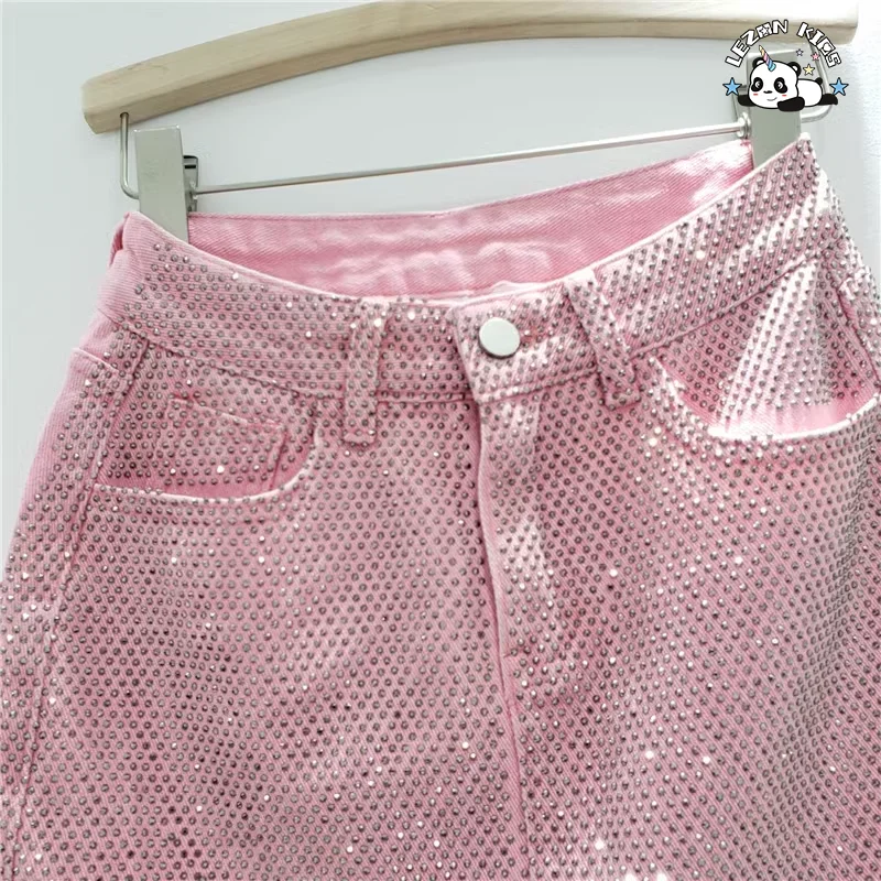LEZONKIDS - Saia jeans personalizada com novos cristais pesados, estilo A-line, cintura alta e curta para meninas